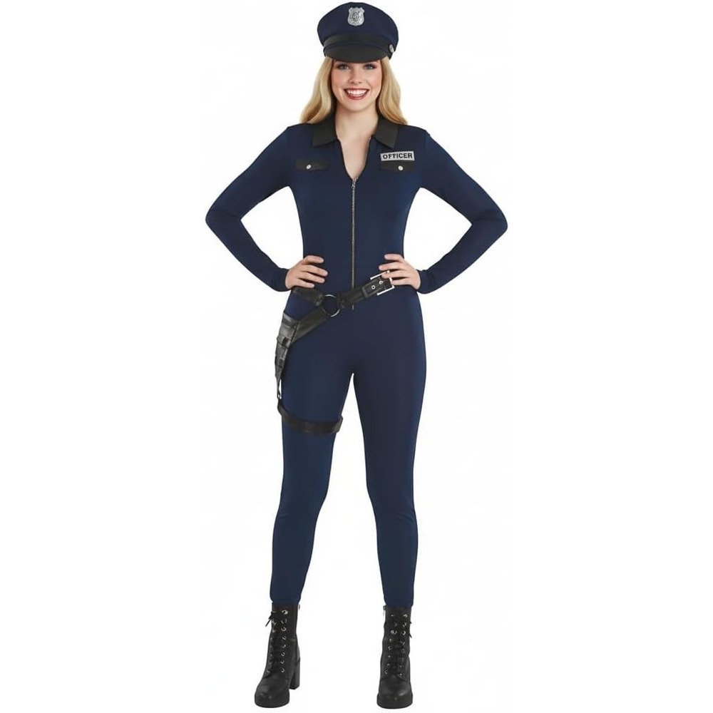 Police Costume Adult Women Cop Costume Jumpsuit with Hat for Halloween Cosplay D